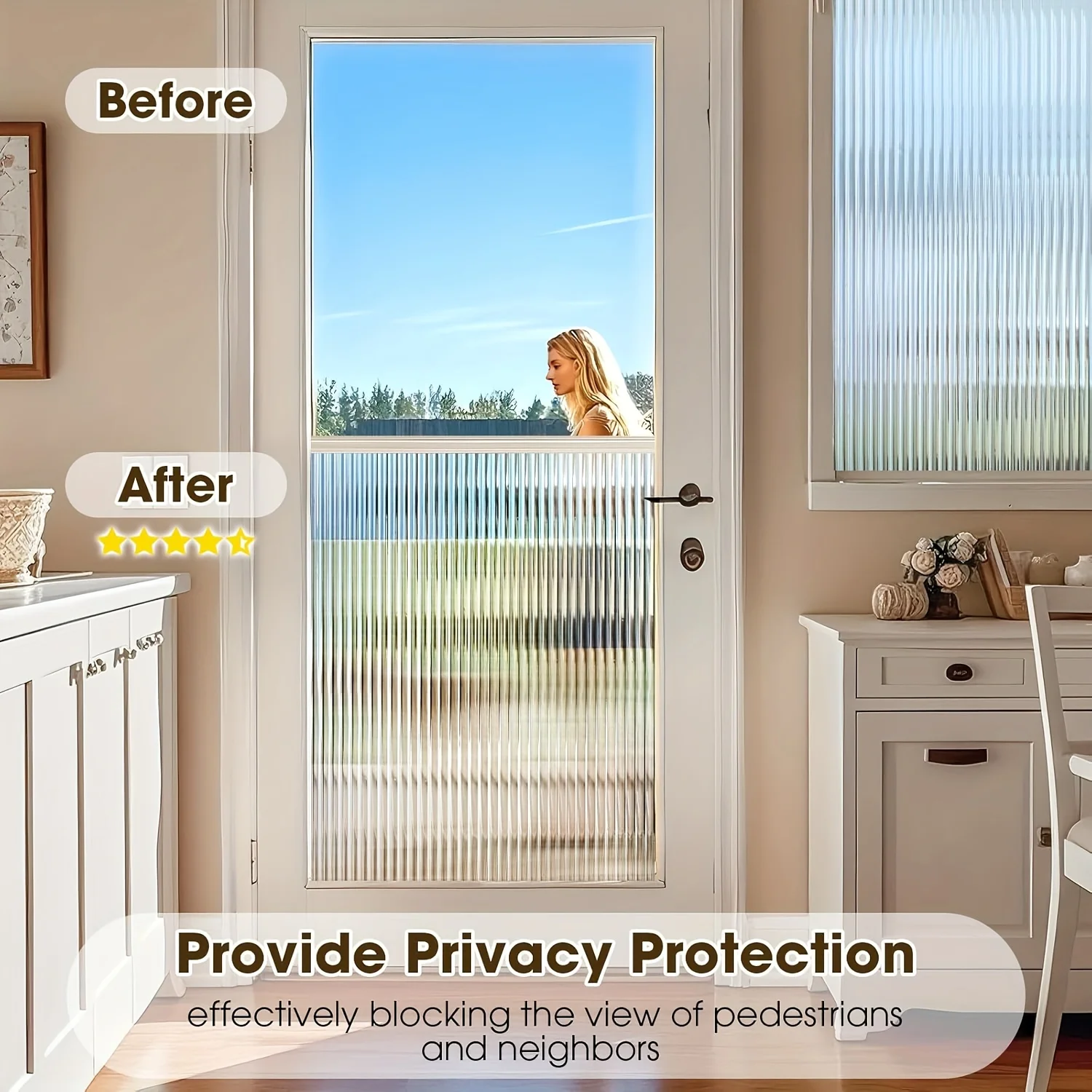 Reeded Glass Window Film Roll Privacy Opaque Static Cling No Glue UV Block Heat Block for Bathroom Bedroom Home