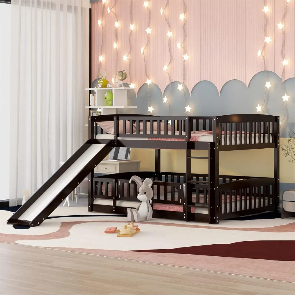 Full Over Full Low Bunk Bed with Slide and Fence Railings Wood Floor Bunk Beds with Ladder for Toddler Kids Boys Girls, Espresso