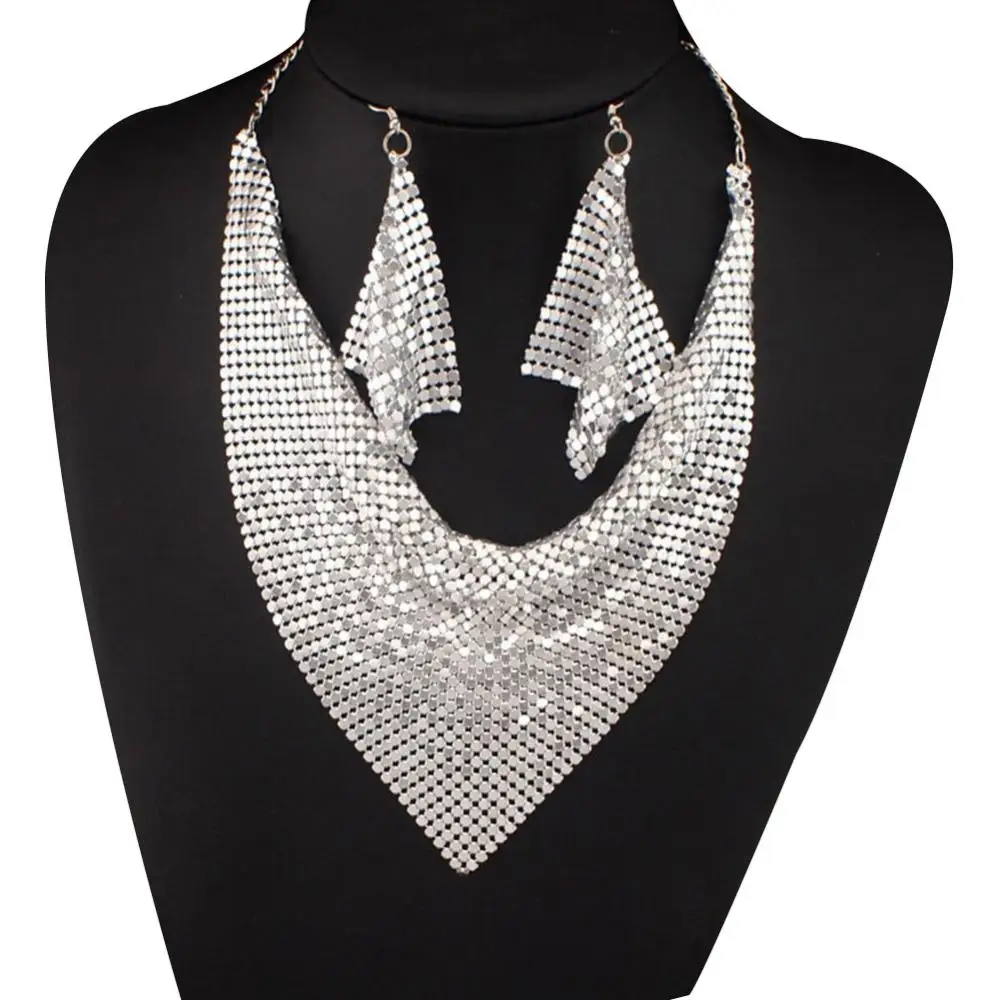 2Pcs/Set Women Triangular Scarf Choker Necklaces Earrings Sequins Charm Statement Bib Necklace Earrings