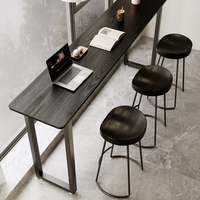 

Ash wood solid wood bar table and chairs household balcony log color high table long strip narrow table partition simple wall ta