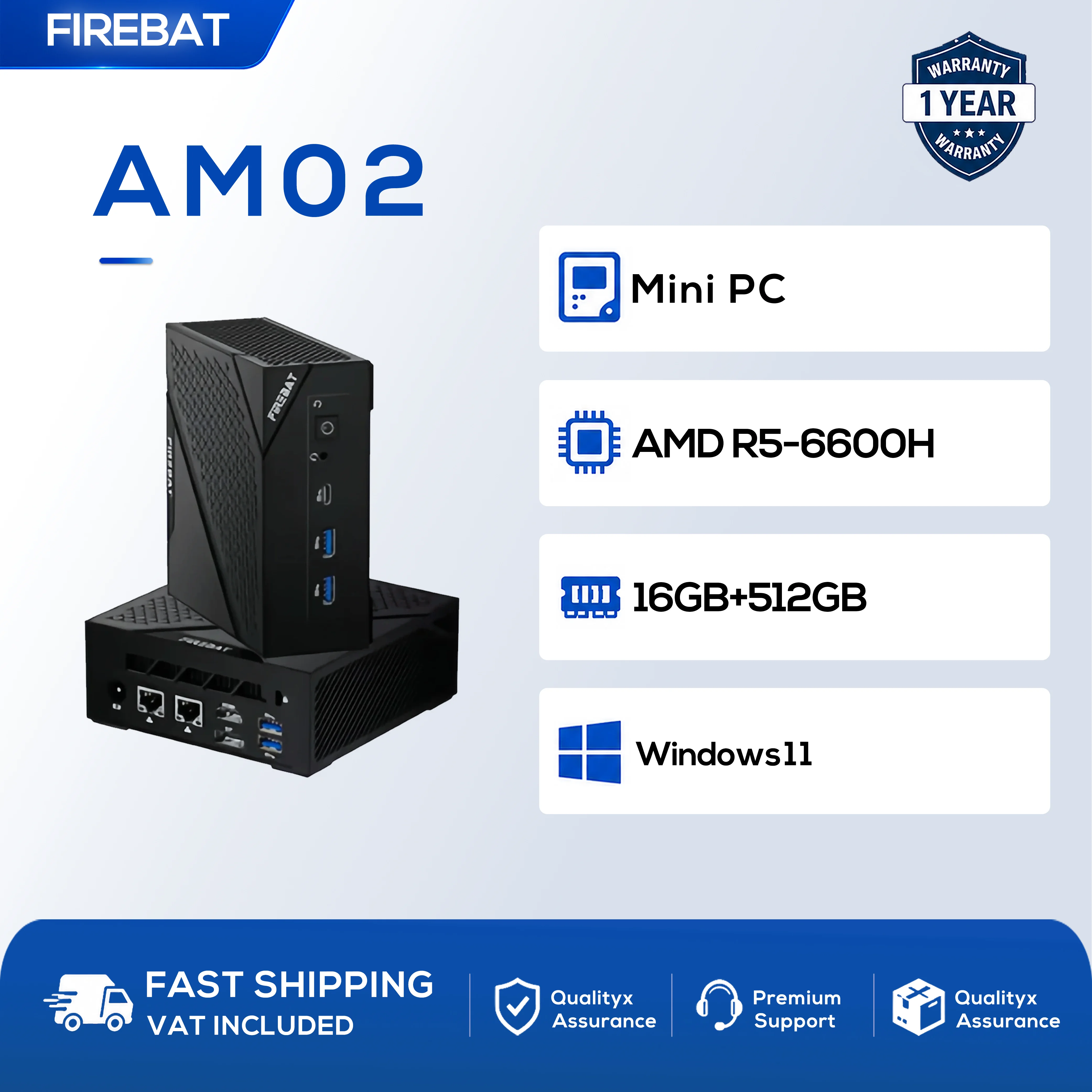 FIREBAT AM02 MINI PC AMD Ryzen 5 6600H LPDDR5 16GB RAM 512GB SSD Win11 WIFI6 BT5.2 HDMI Micro Desktopcomputer voor kantoor en thuisgebruik