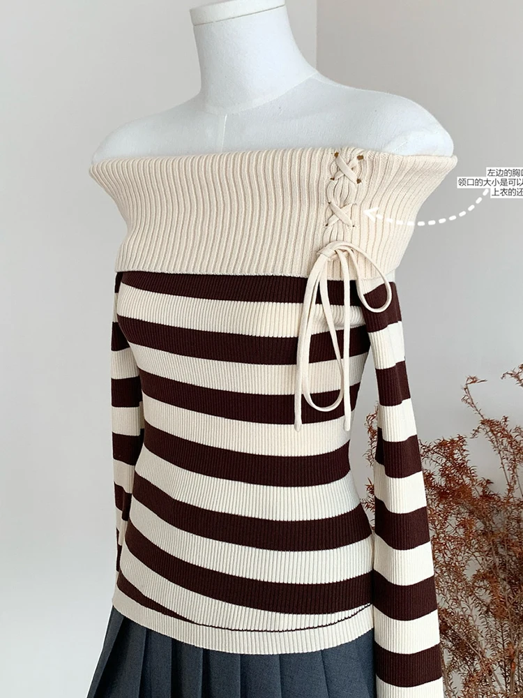 Winter Women Korean Fashion Pullovers Slash Neck Design Knitwear Gyaru Long Sleeve Coquette Striped Sweater Jumper 2000s Shoujo