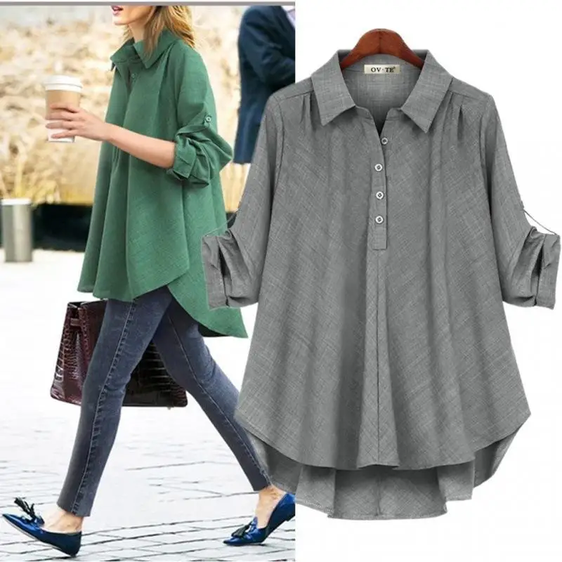 여성용 투톤 패브릭 플러스 사이즈 긴팔 셔츠 편안한 루즈핏 일반 두께 손쉬운 관리 봄 시즌 패션