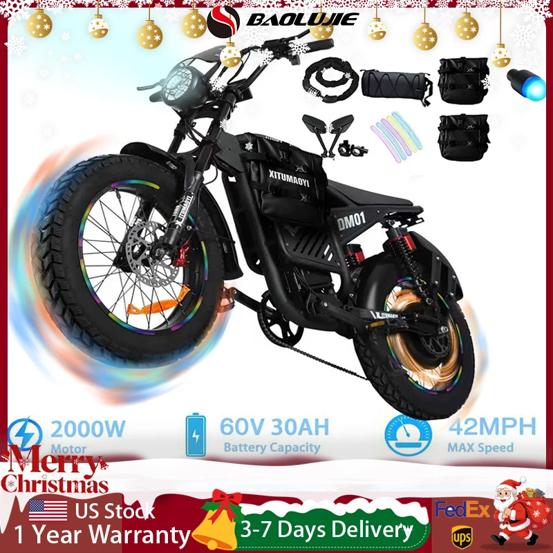 BAOLUJIE DM01 Bici elettrica Motore 2000W Bici elettrica da cross 60V Bicicletta elettrica per adulti 20" Fat Tire UL2849【1 anno di garanzia】