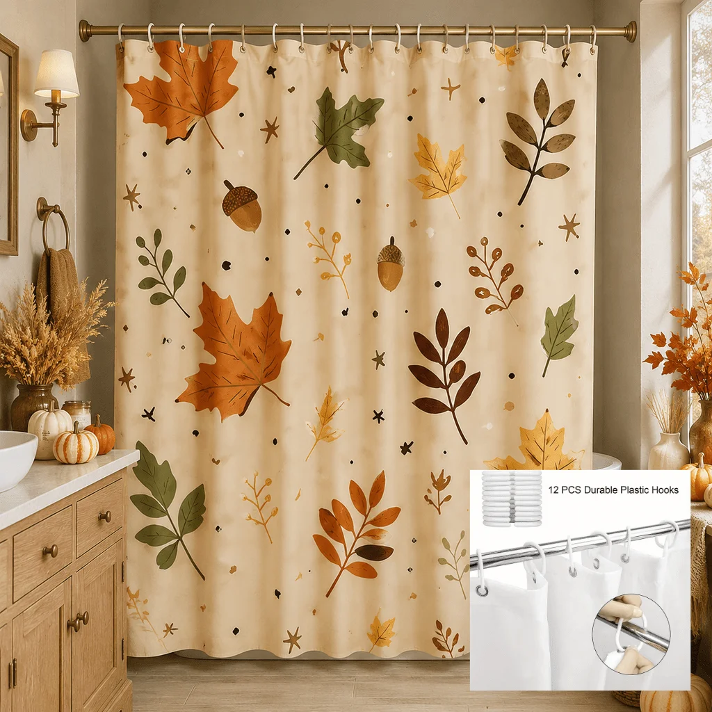 Autumn Leaves Shower Curtain 71x 71inch Polyester Fabric Farmhouse Autumn Leaves Acorn Plant Print Bathroom Decor Includes 12 Hooks Neutral Beige Rustic Natural Design