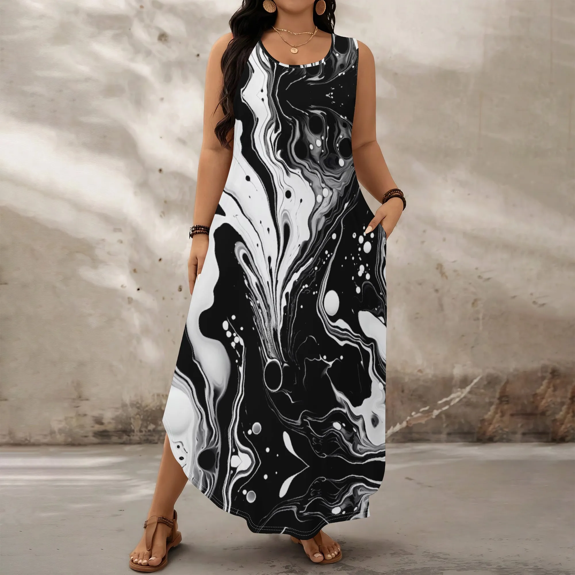 

Cosmic Print Sleeveless Maxi Dress - Bold Red Nebula Design for Casual Summer Outings & Stargazing | XL-6XL