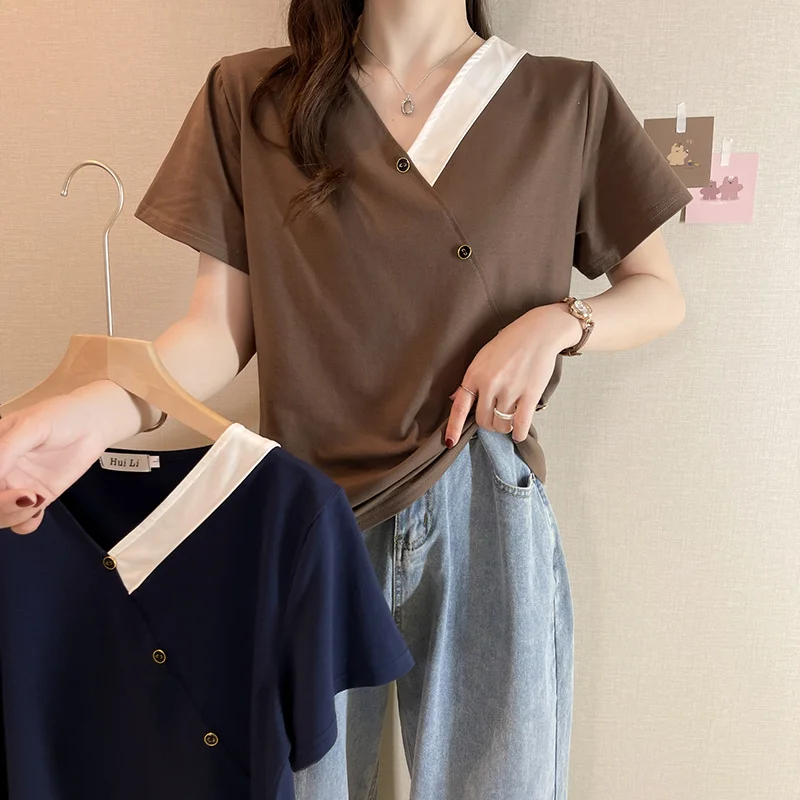 L-4XL Large Size Cotton Basic T-shirt Women Summer Casual Loose Short-sleeve Tops Button V-neck Tshirt Female Clothing Oversize