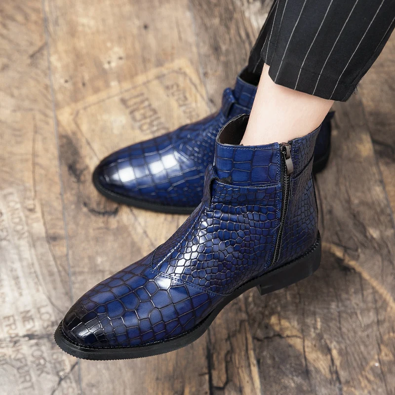 Ankle Boots for Men Blue Black Business Round Toe Zipper Pu Mens Boots Free Shipping Size 38-48 Motorcycle Boots