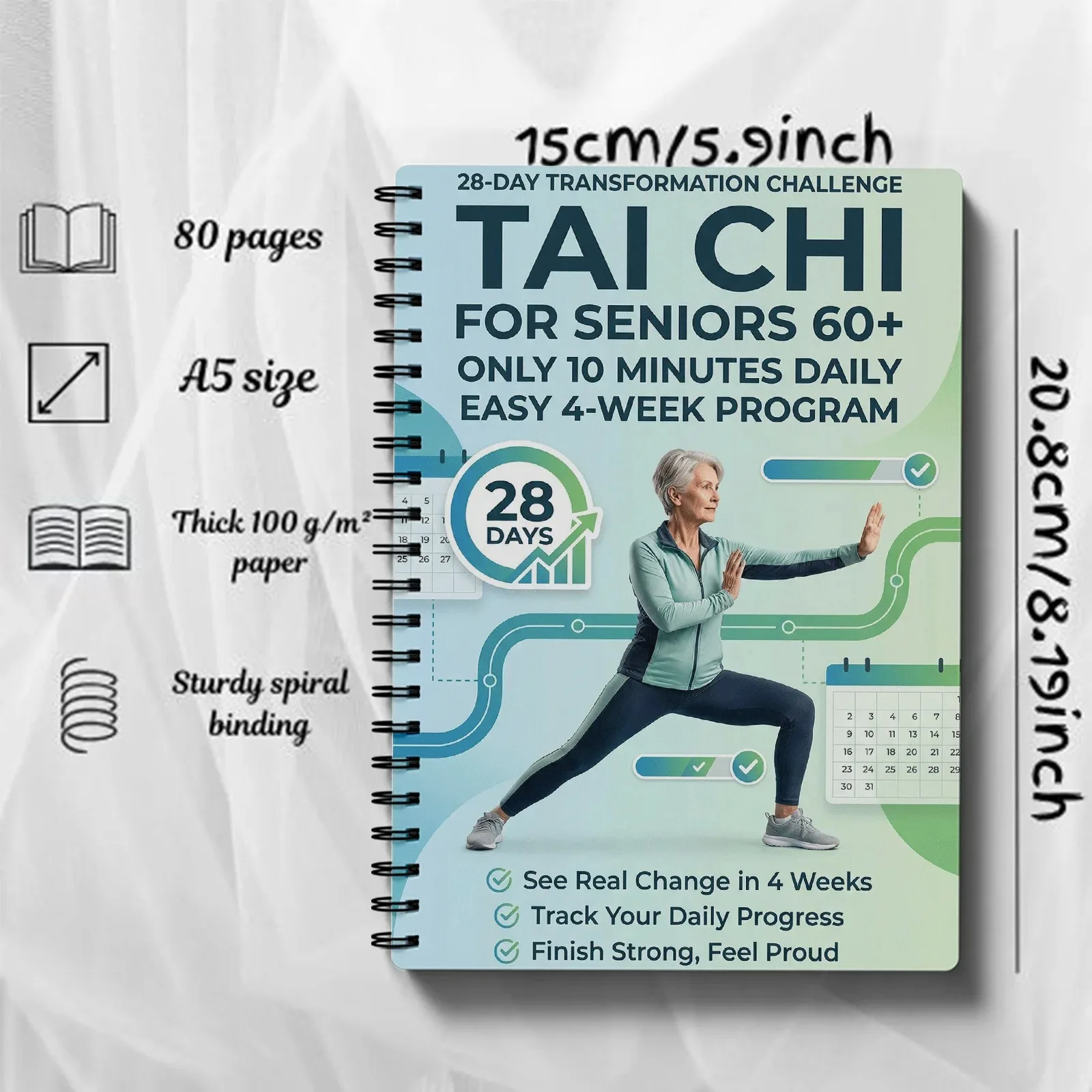 2025 Tai Chi for Seniors 60+ 28-Day 10 Mins Daily Program Spiral Bound Beginner Friendly Guide Book for Balance Fitness Exercise