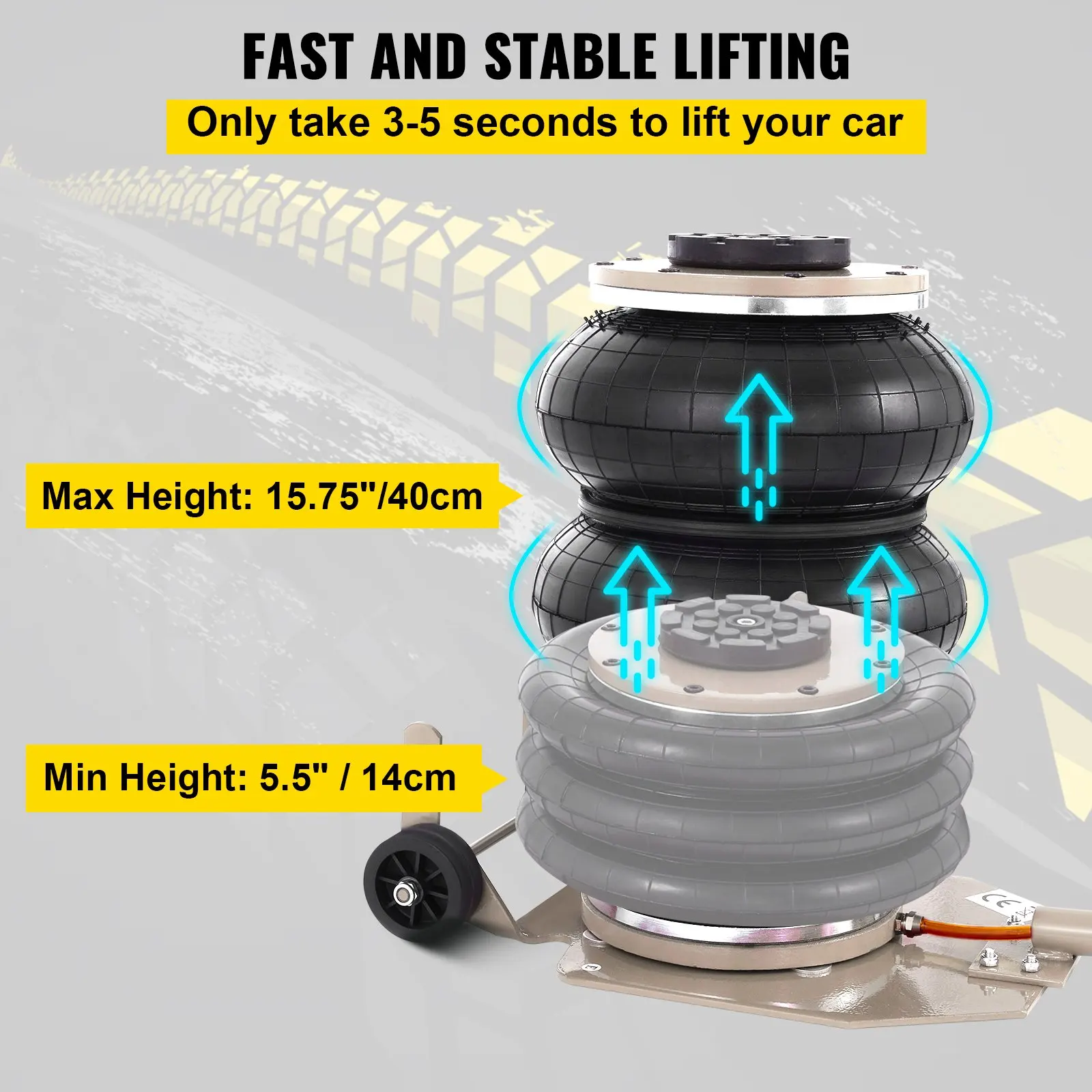 Pneumatic Jack, 3 Ton/6600 LBS Air Bag Jack, Triple Bag Air Jack for Vehicle, Extremely Fast Lifting Action Max Height 400 mm