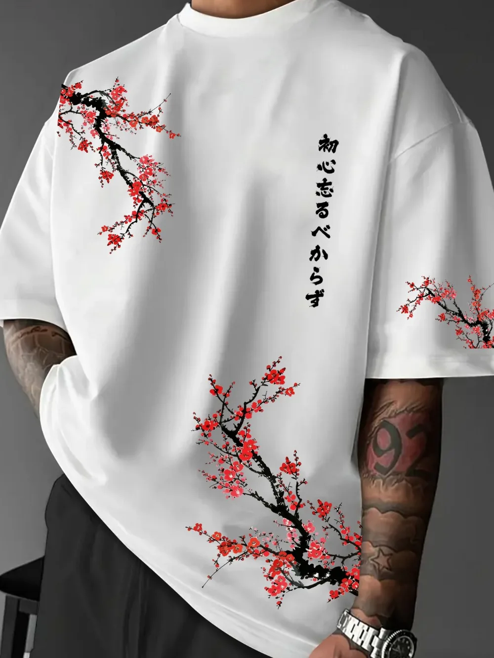 Harajuku Schönes Kirschblütenmuster 3D-Druck Atmungsaktives, schnell trocknendes Herren-T-Shirt für den Straßen- und Outdoor-Bereich, lässige Eltern-Kind-Kleidung – Detail 4
