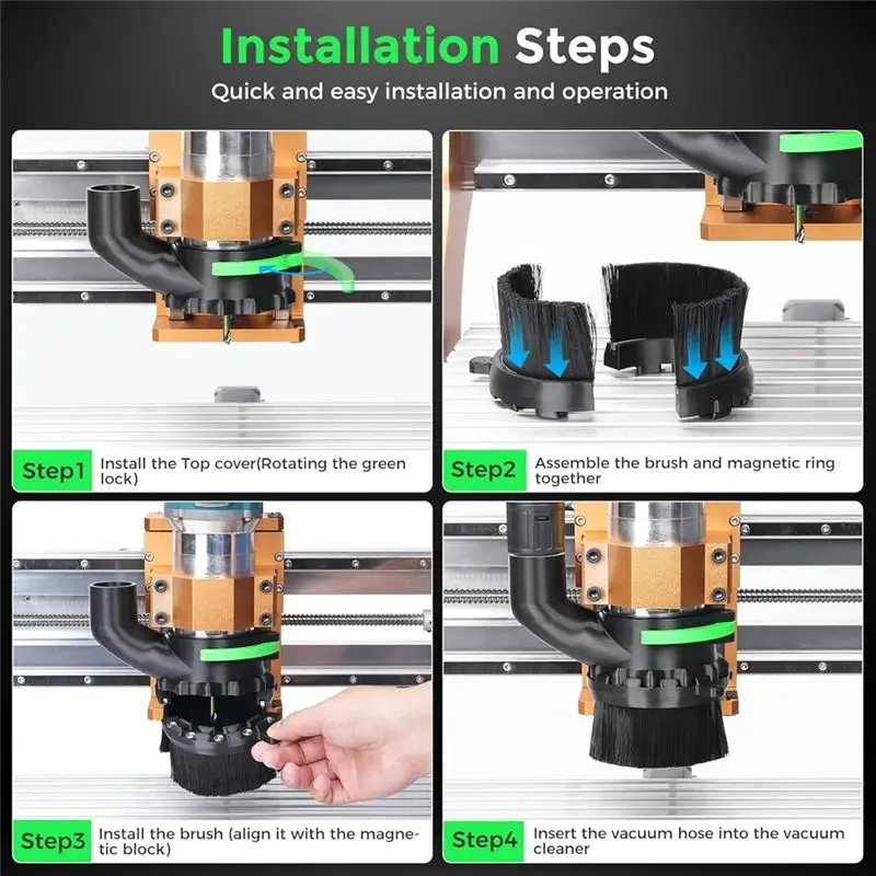 AWAH voor CNC-routermachine stofschoen 65 mm en 69 mm diameter, dubbele borstellengtes, 38 mm (1,5 inch) slangcompatibiliteit