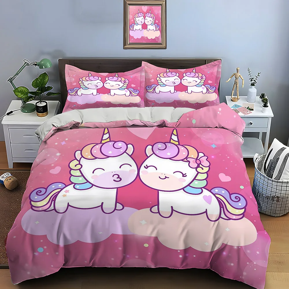 Cute Cartoon Unicorn Print Bedding Set Duvet Cover 1 Duvet Cover 2 Pillowcases Adult and Kids Bedding Set Luxury Holiday Gifts