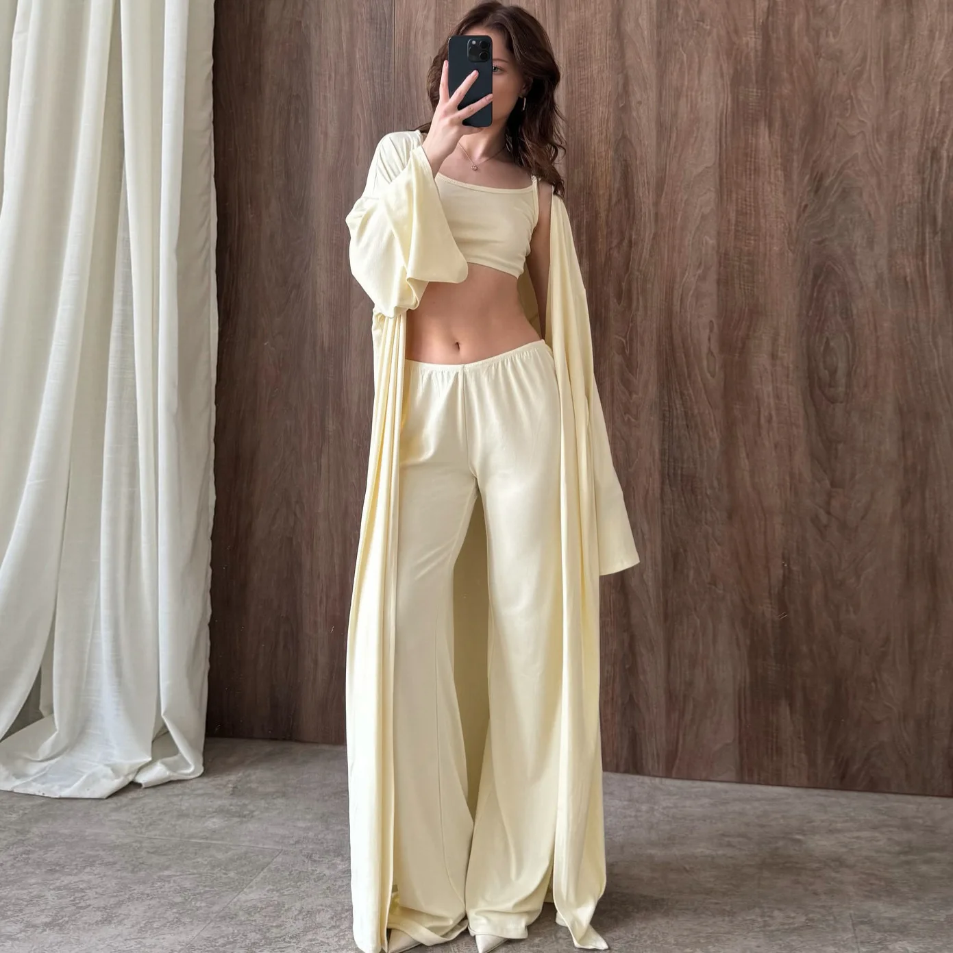 

Yellow Milk Silk Suspender Underwear Robe Trousers Can Be Worn Outside Pajamas Three-piece Set 2026 Autumn New Women's