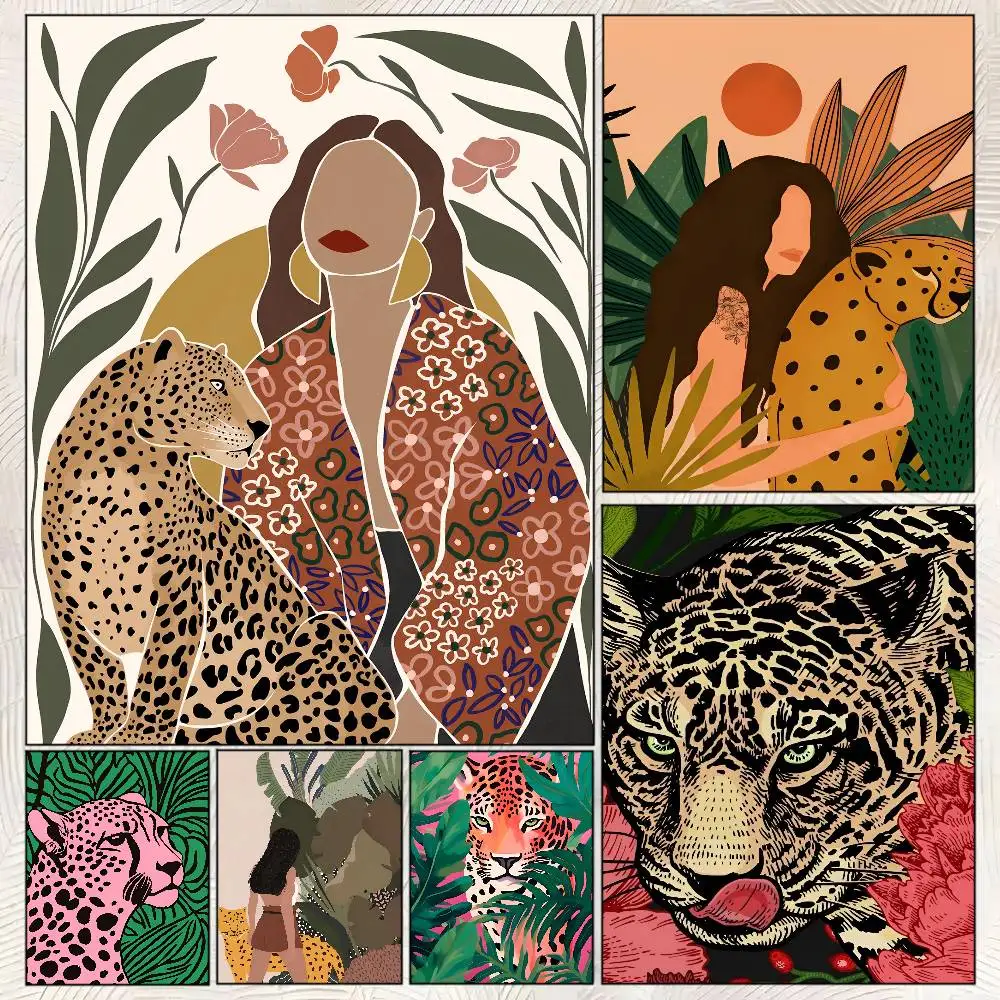 Abstract Tiger Leopard Girl Power Poster Self-adhesive Art Room Entrance Restaurant Wall Decor Art Painting