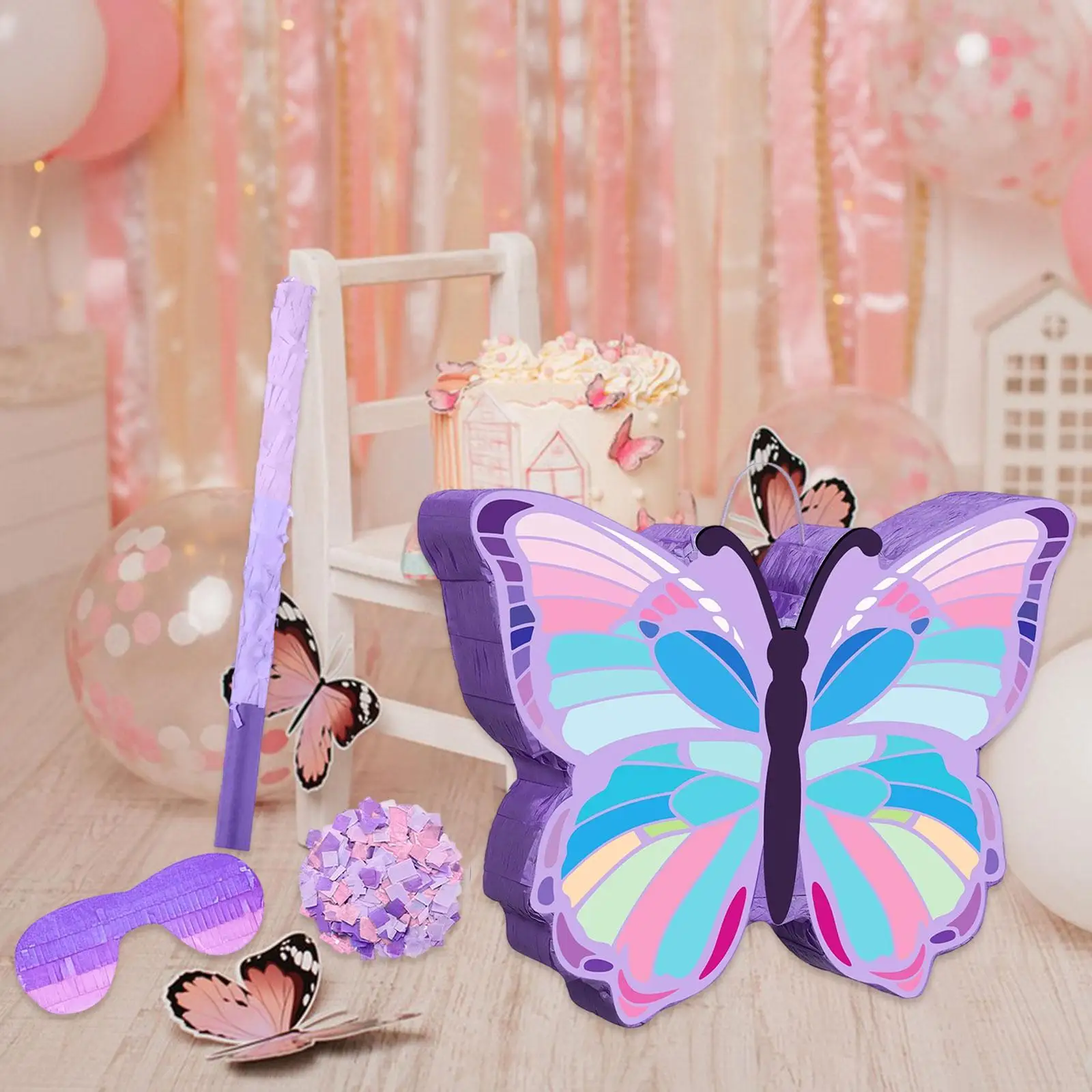 Piñata de Mariposa, Adorno para Fiestas de Cumpleaños con Palo y Antifaz para Fiestas, Festivales, Juegos Familiares, Aula