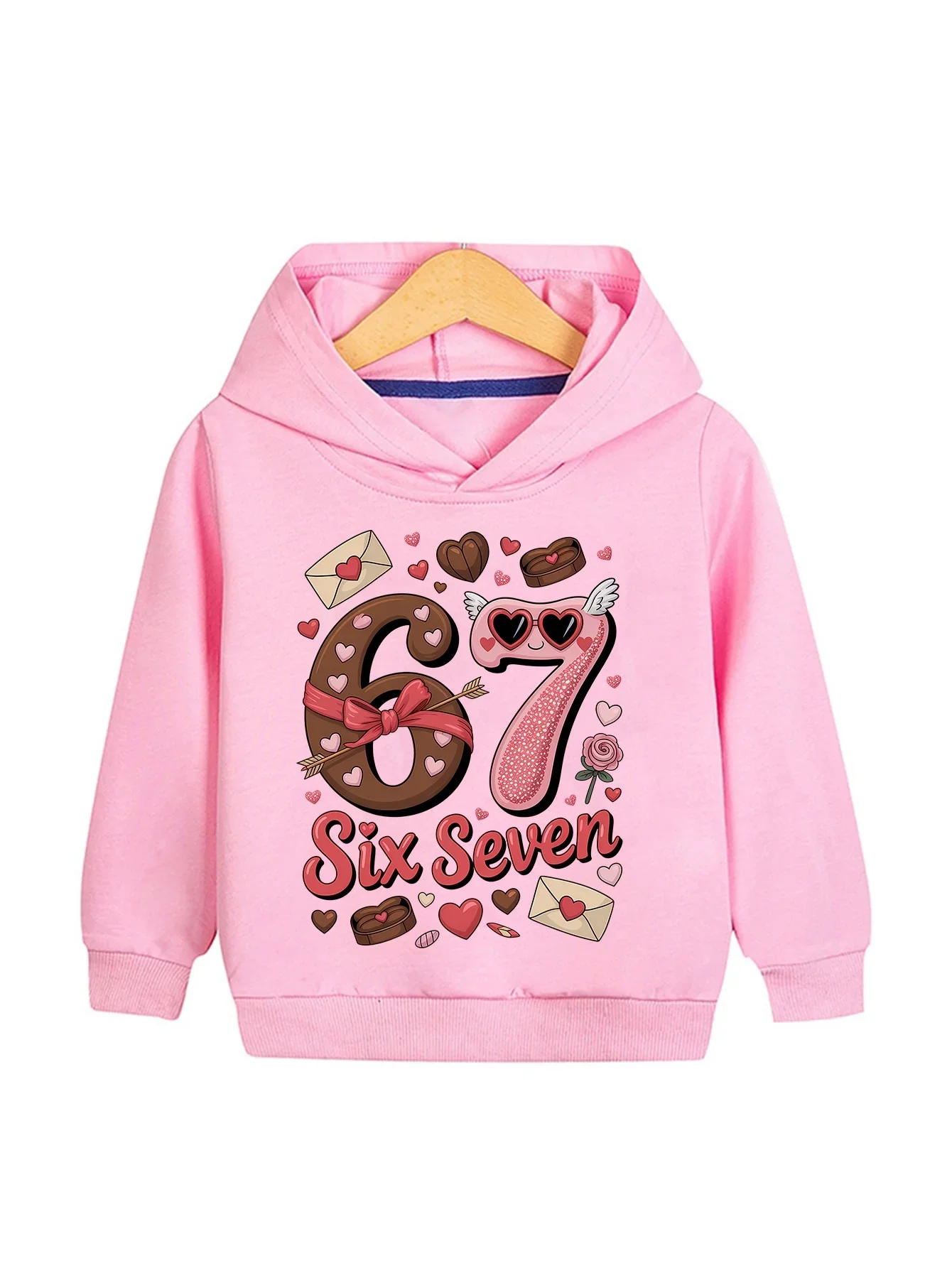 Kids Six Seven Hoodie Valentine Heart Envelope Rose Graphic Fleece Pullover Hooded Sweatshirt Autumn Winter Birthday Party Top