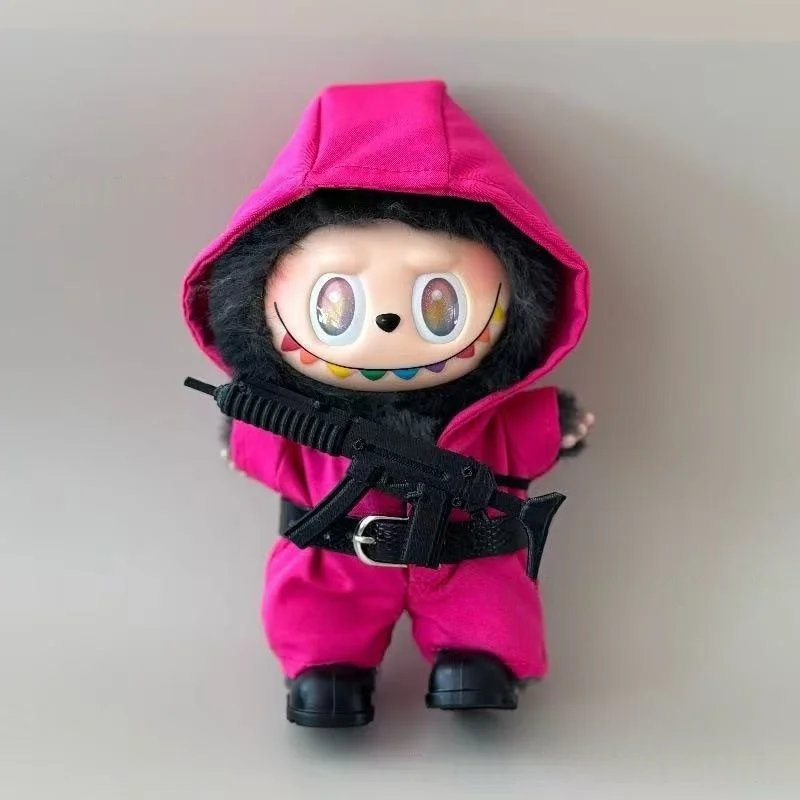 ل 17 سنتيمتر Labubu الملابس والاكسسوارات مقنعين ارتداءها Cyberpunk لعبة الاعتداء فريق البدلة مع قناع مجوف/مسدس لعبة الديكور