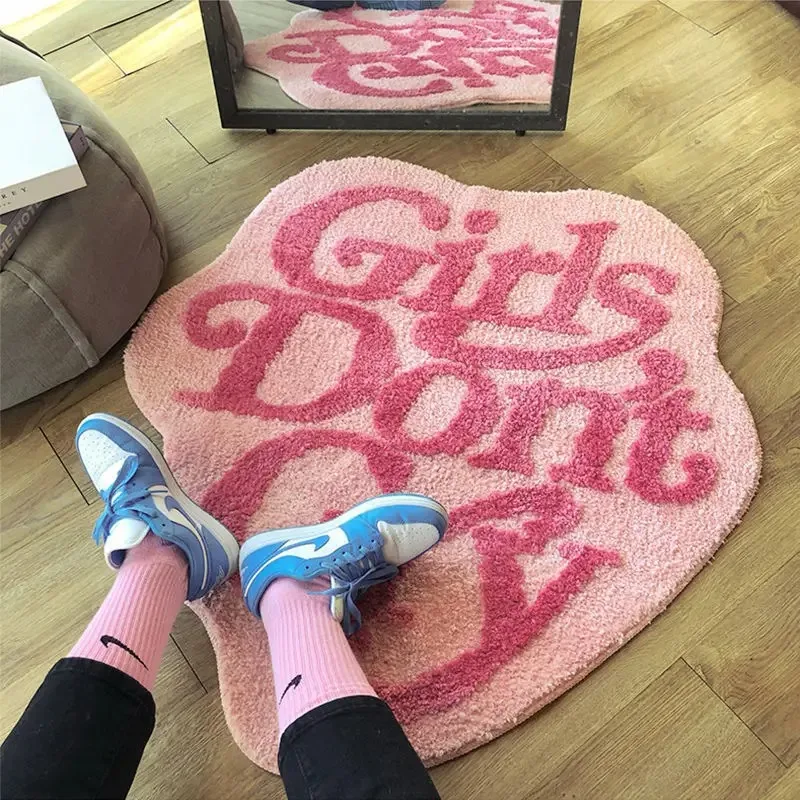 Humans Made Tufted Rug Pink Girls Dont Cry Fluffy Carpet Girls Bedroom Bedside Lounge Rug Irregular Letter Floor Mat Home Decor