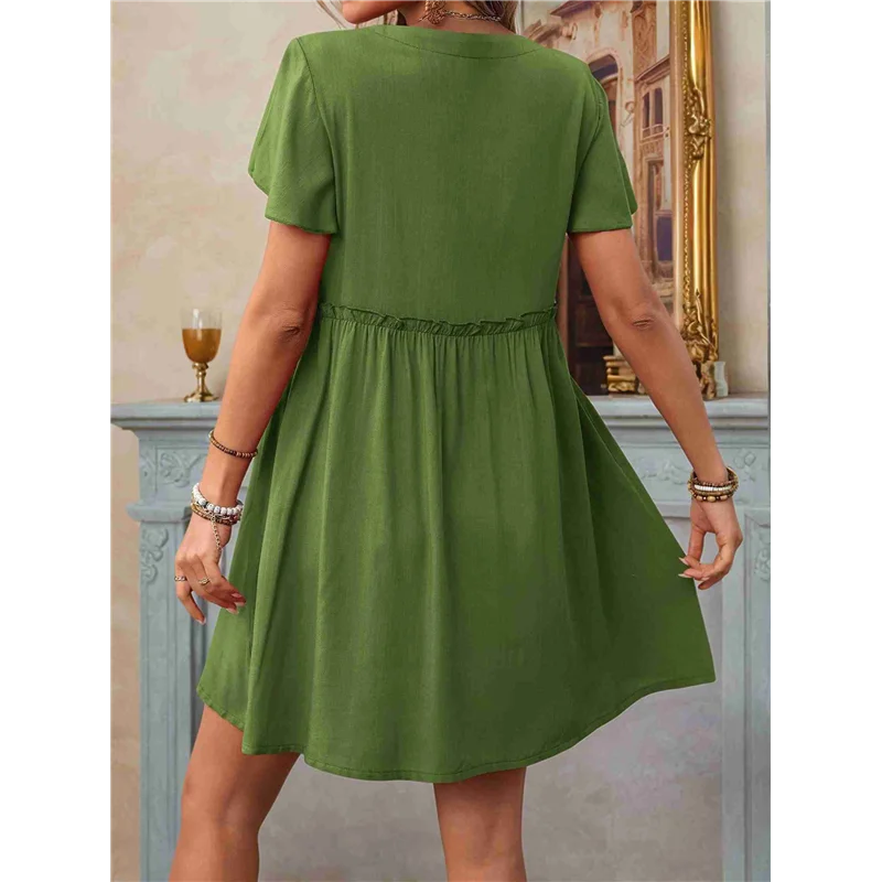 

ABRT-Women's Short Sleeve Button Down Bohemian Holiday V-Neck Short Sleeve Dresses With Pockets