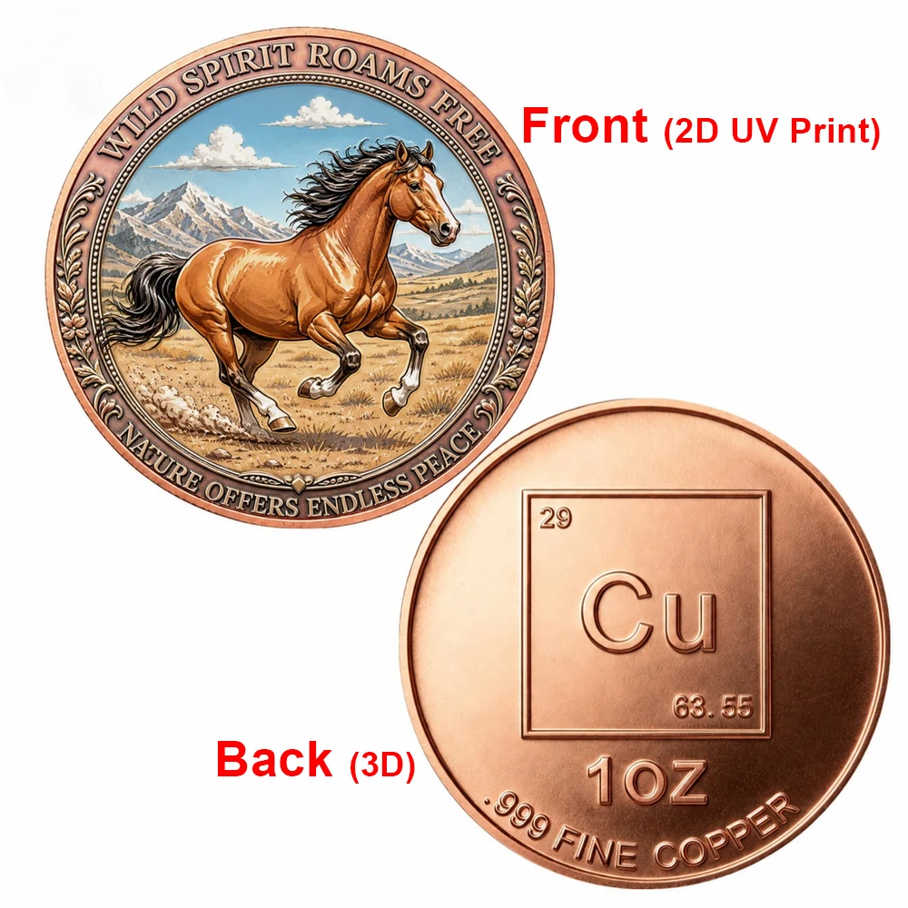 1pc 1oz .999 Fine Copper Wild Horse Commemorative Coin UV Print Running Wild Stallion on Prairie Challenge Coin Nature Art Gift