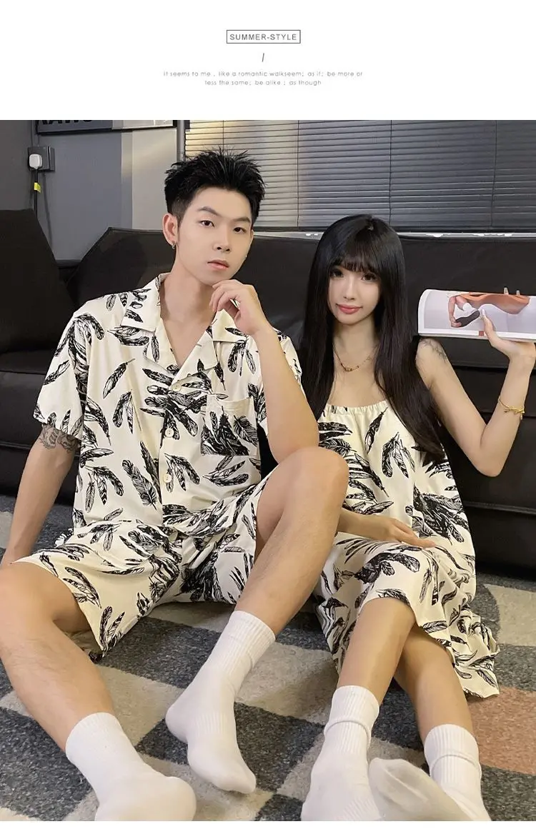 Couple pajamas summer short-sleeved thin section cute men and women short-sleeved shorts suspenders summer homewear suit