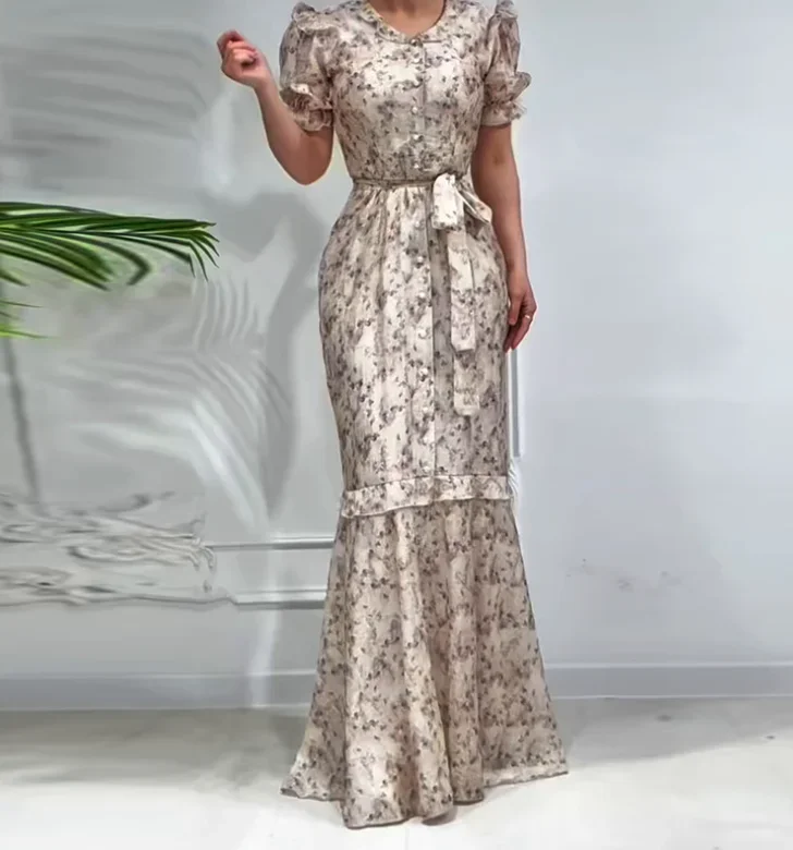 

Womens Dresses for Short Sleeve Waist Cinched Printed Slimming Long Dress Temperament Commuting Summer Women's Elegant Dresses