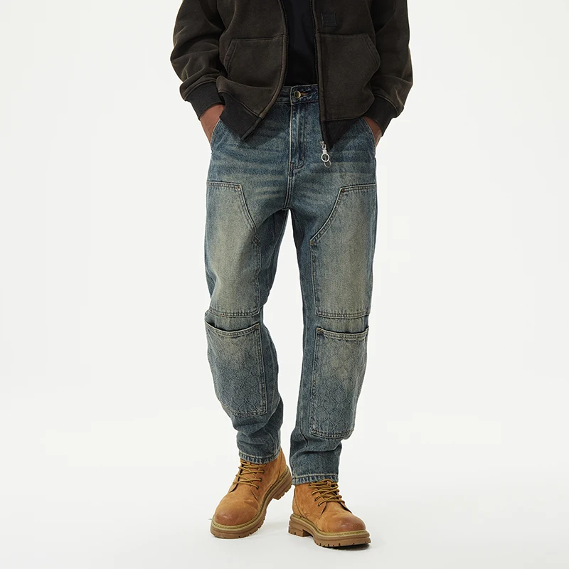 

American Sle Retro Large ket Workwear Jeans Men's Loose Straight Casual Long Trousers Autumn Trendy Brand Cotton Polyest...