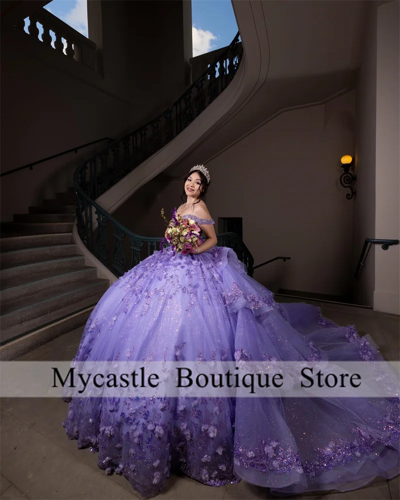 Luxe Paarse Baljurk Quinceanera Jurken 2024 Kanten Applique Kralen Sweet 16 Jurk Met Afneembare Trein Verjaardagsfeestjurk