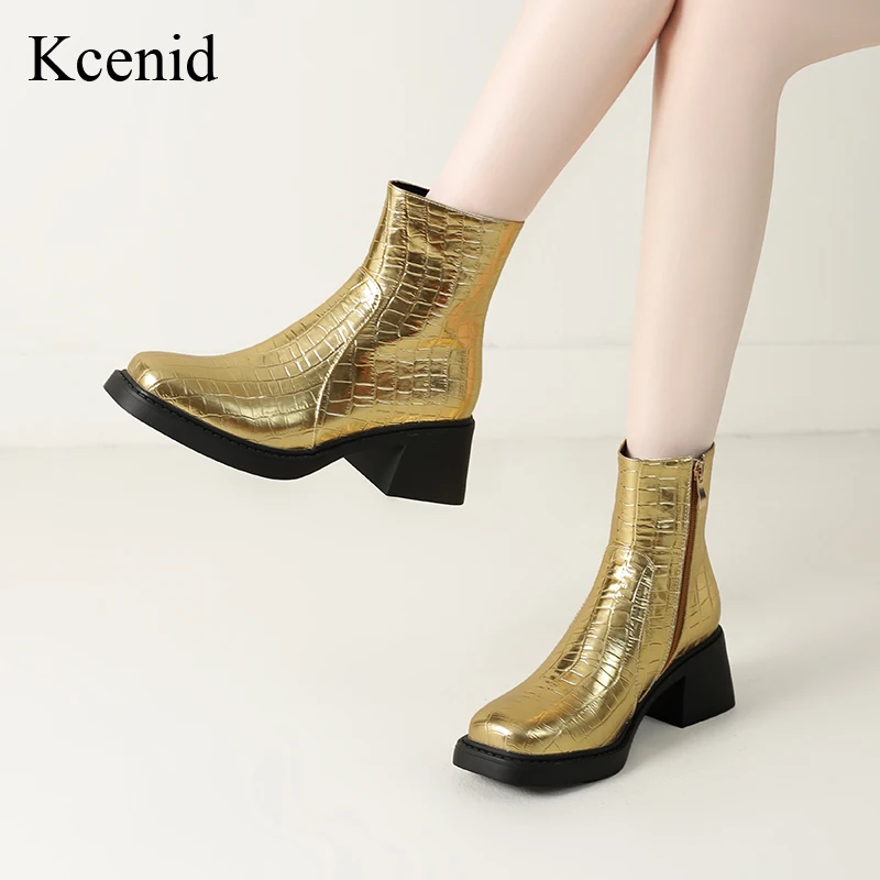 

Kcenid/женские ботильоны с круглым носком, золотистые, серебряные, с каменным узором, короткие ботинки на толстом каблуке, ботинки в стиле вестерн на молнии, размер 42, 43