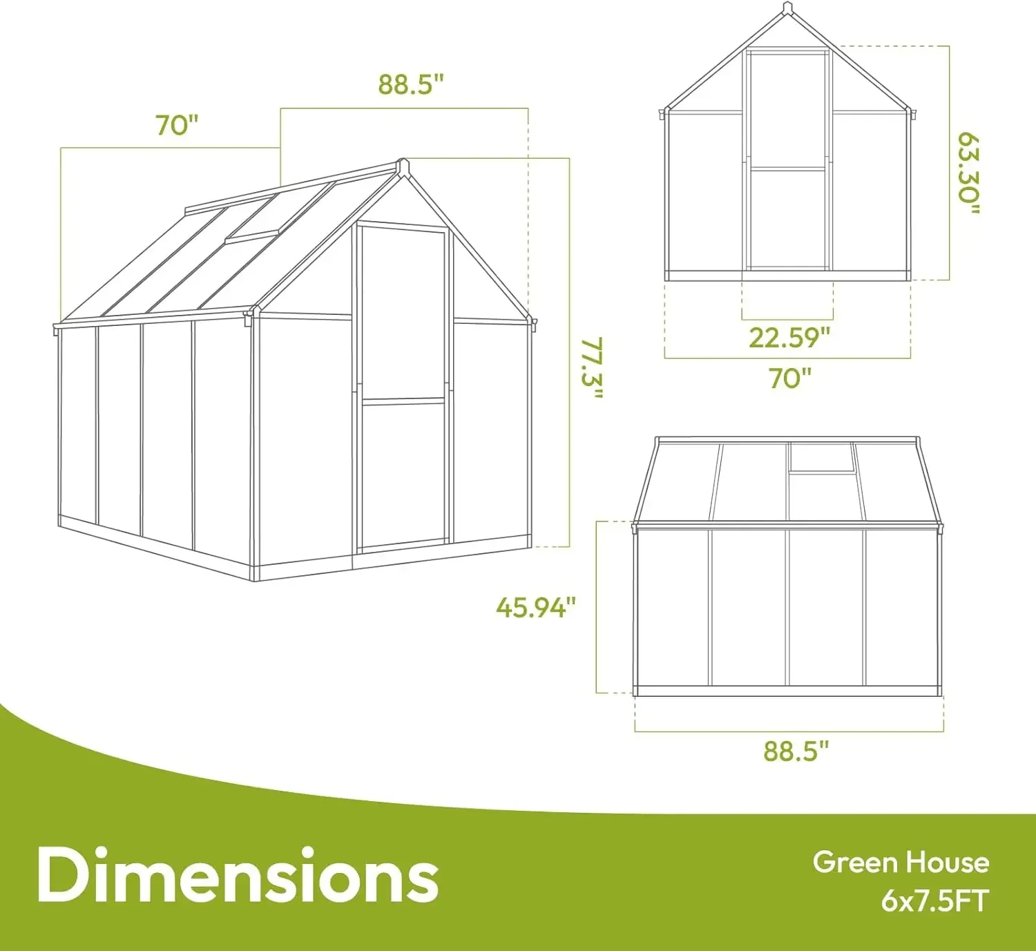 6x7,5 FT Gewächshaus für den Außenbereich, Gewächshaus aus Polycarbonat mit schneller Aufbaustruktur und Dachentlüftung, großes Gehweg aus Aluminium in Grün