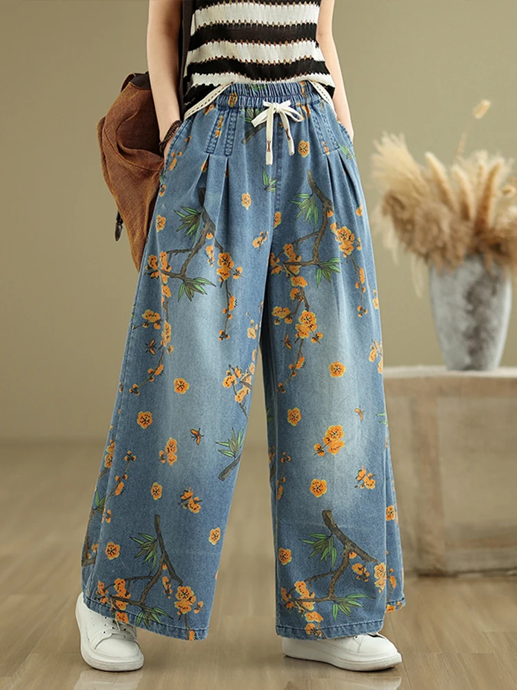 

New Spring Summer Vintage Print Woman Jeans Loose Plus size Trousers Elastic Waist Denim Wide Leg Pants XT1472