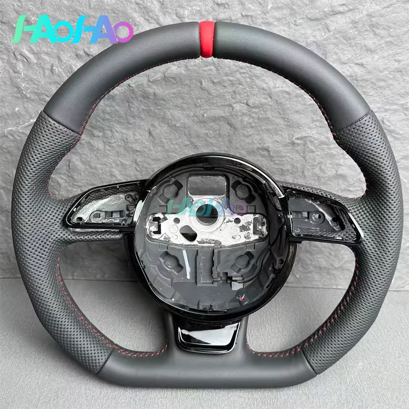 Red Logo Fully Perforated Flat Bottom Steering Wheel for Audi A3 A4 A5 S4 S5 Q3 Q5 Q7 - Campaign Assembly