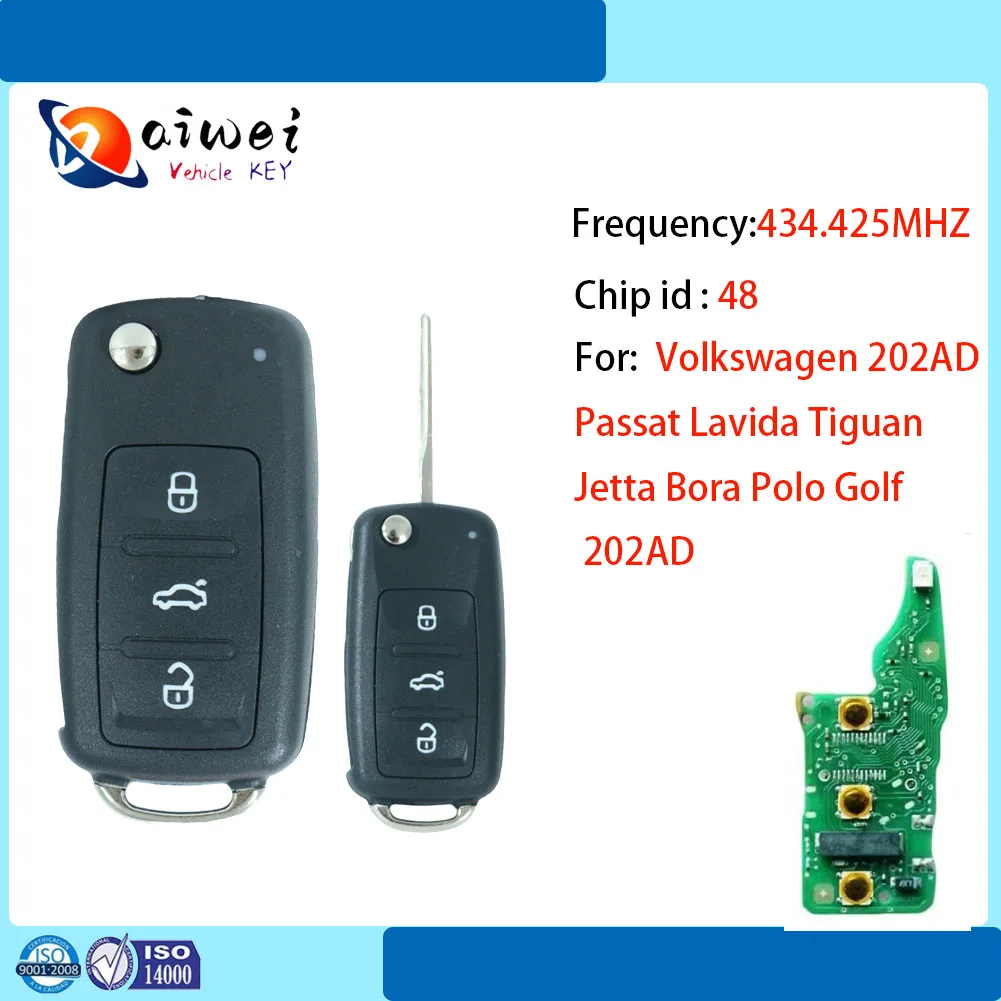 

New 3-Button Flip Car Smart Key for Volkswagen VM753AB 202AB 202AD 735N 202Q With Battery 434.425MHz