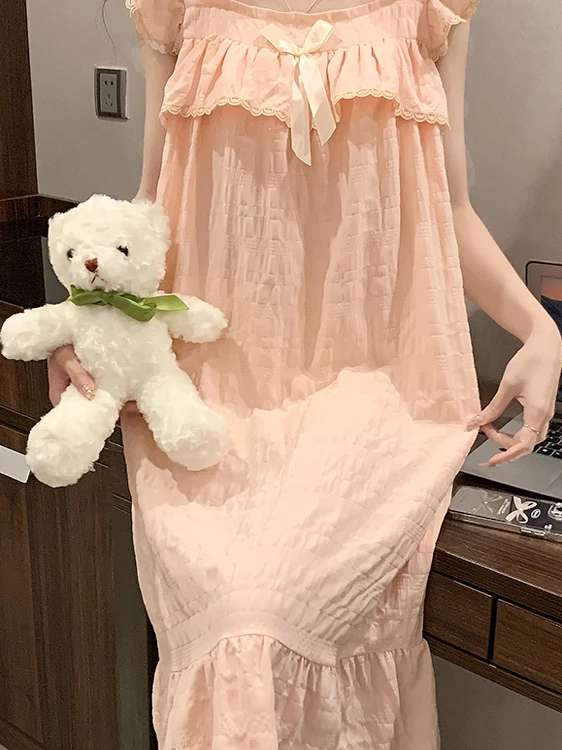 Summer Sweet Style Women's Sleepwear Thin Strap Home Clothes with Built-in Chest Pad Anti-Bulge Lightweight Cotton Dress