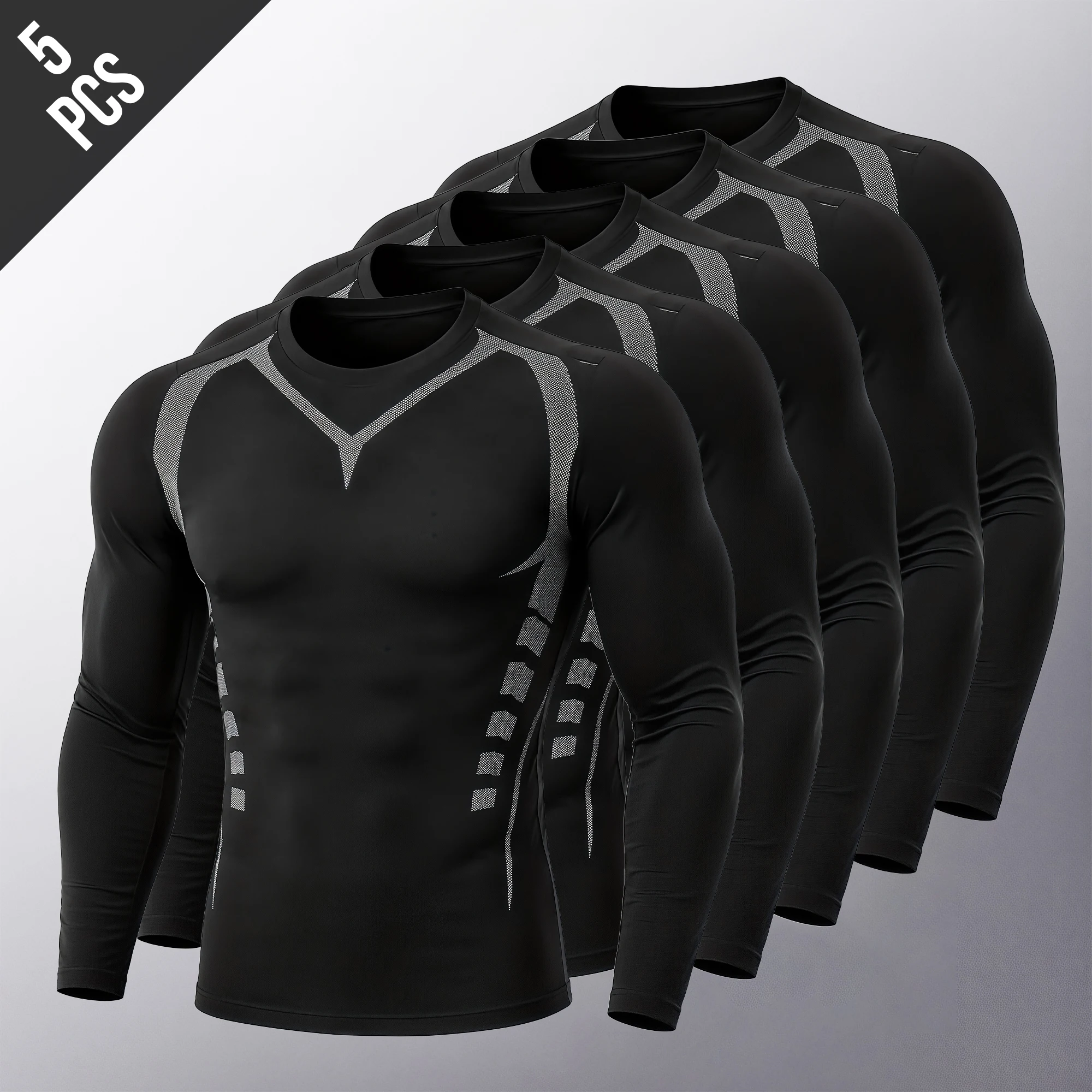 1/2/5 Pcs Men's Long Sleeve Compression Shirt Moisture Wicking Quick-dry Athletic Baselayer Stretch Workout Top for Gym Training