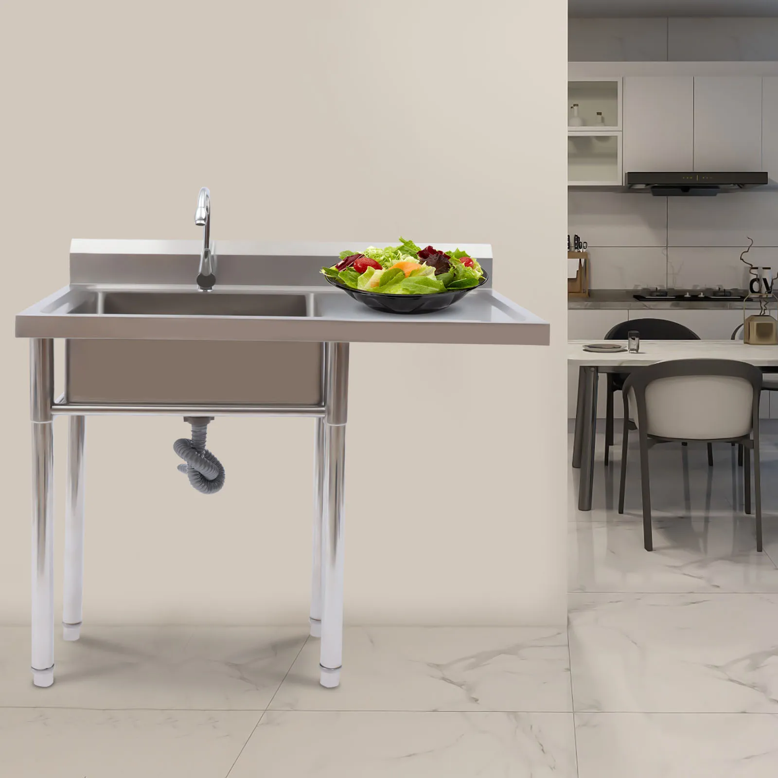 

Раковина из нержавеющей стали с краном, универсальная раковина с одной чашей и рабочий стол для стирки в гараже, коммерческая кухонная мойка со спинкой