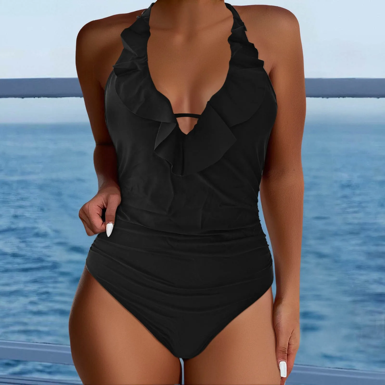 Women's Summer One-Piece Swimsuits Deep V Halter Sexy Slim-Fit Swimsuit Solid Color Bikini Fashion Swimwear Beach Style Swimsuit