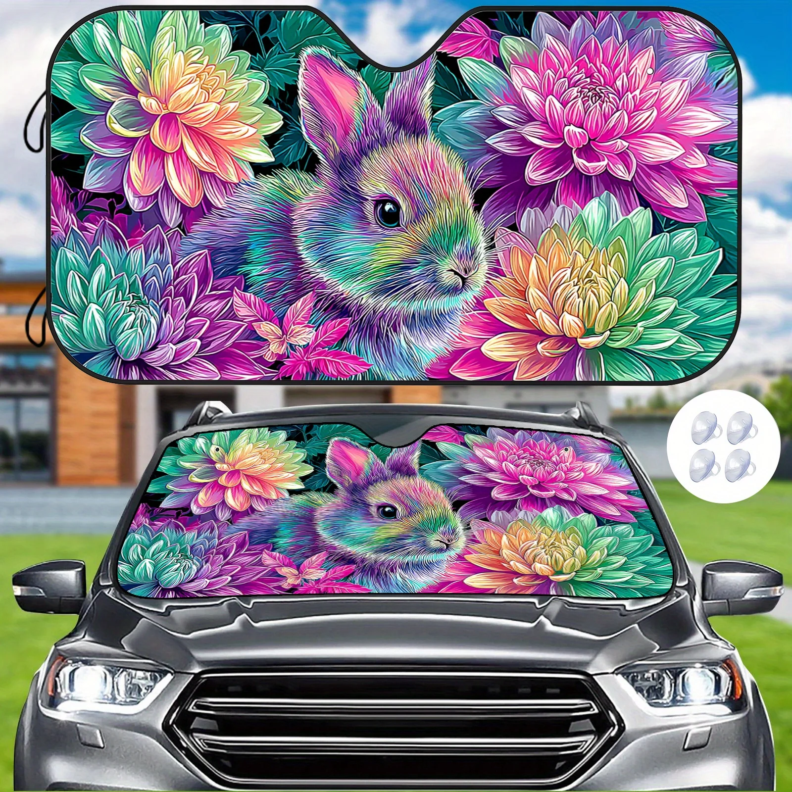 Colorful Rabbit Floral Car Sunshade, Featuring Vibrant Colors And Floral Patterns To Block Heat, Includes 4 Suction Cups To Refr