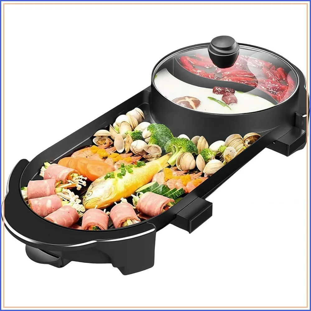 Olla eléctrica coreana con parrilla, combo de hot pot y barbacoa para interiores, olla shabu shabu con divisor, antiadherente, control de temperatura dual, para 2-12 personas, 110V