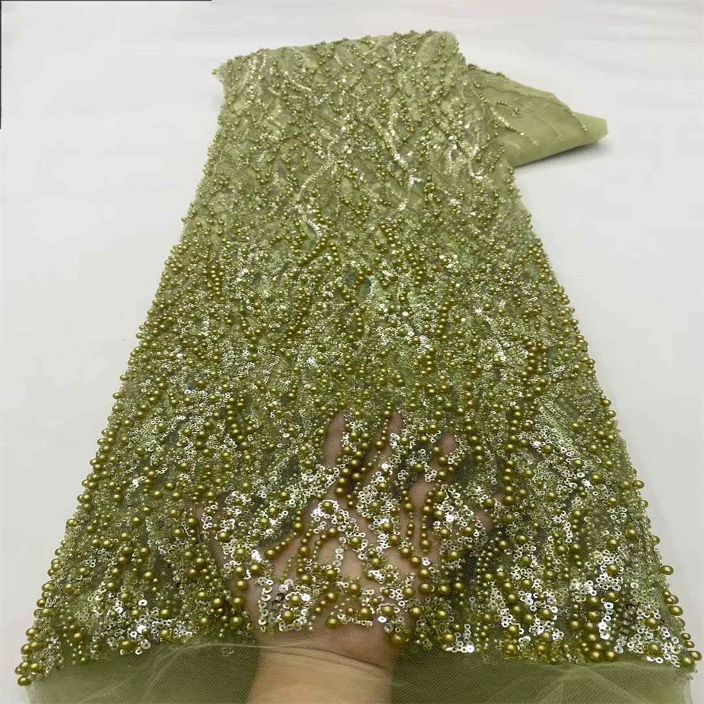 

2025 New African French Nigerian Lace Fabric With Beads Sequins Mesh for Embroidery Wedding Party Bride Sewing Dress