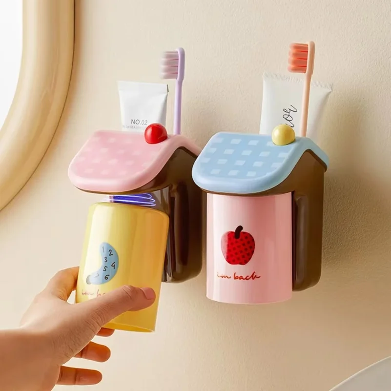 House Shape No Drill Magnetic Wall Mounted Toothbrush Cup Holder Set Storage Rack Bathroom Accessories Bathroom Storage baño