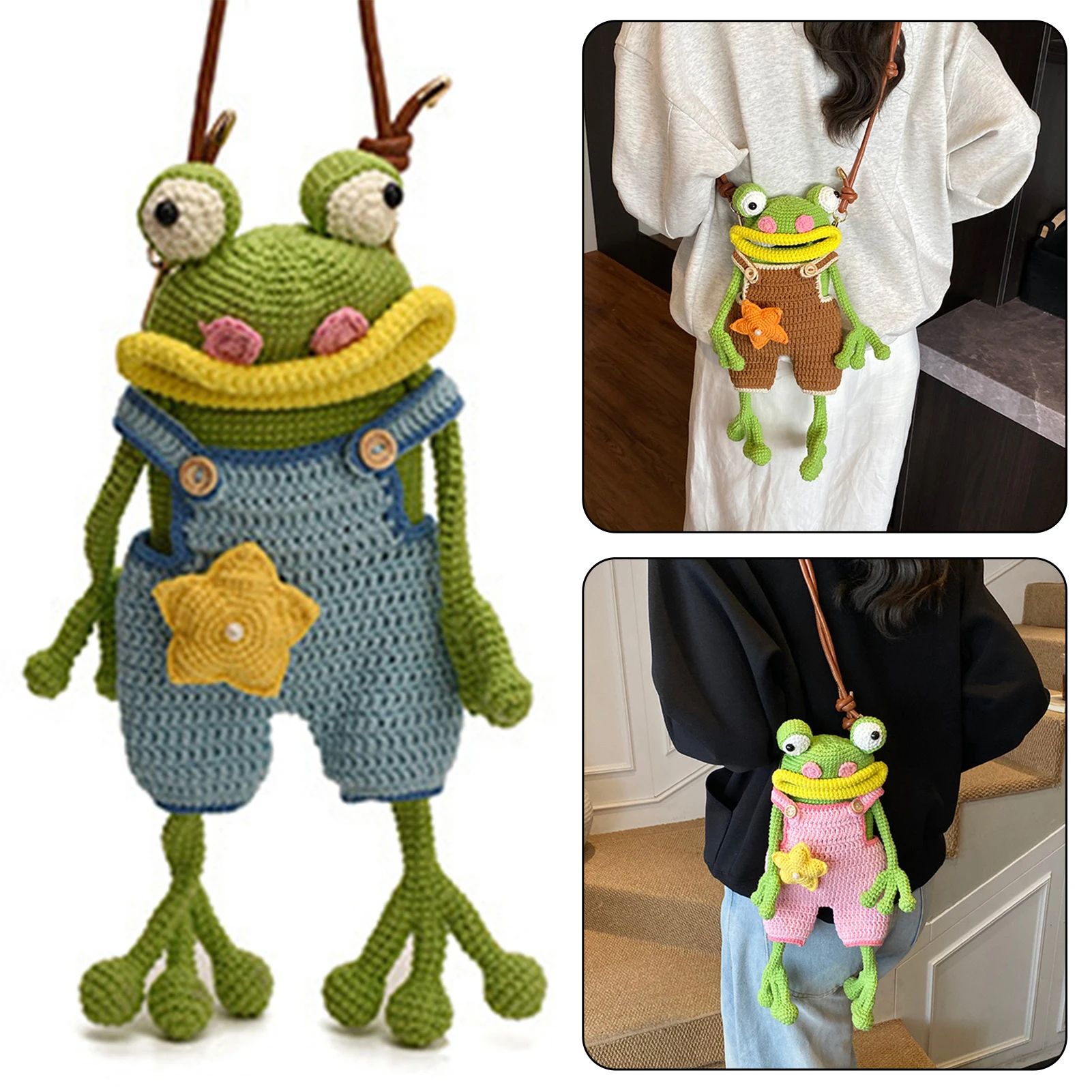 (Finished Product)Cute Big Mouth Frog Coin Bag Hand Woven Small Crossbody Bag DIY Wool Woven Big Mouth Frog Mobile Phone Bag
