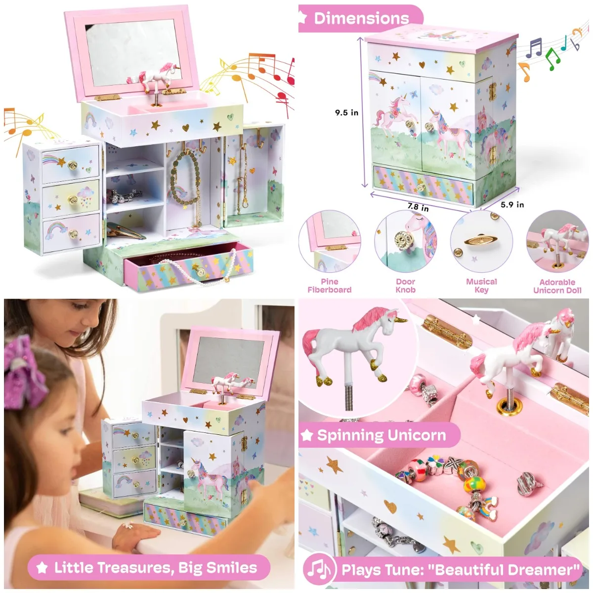 

Unicorn Jewelry Box for Kids - Musical with Drawers & Mirror - Wooden Style - Cute Figurine