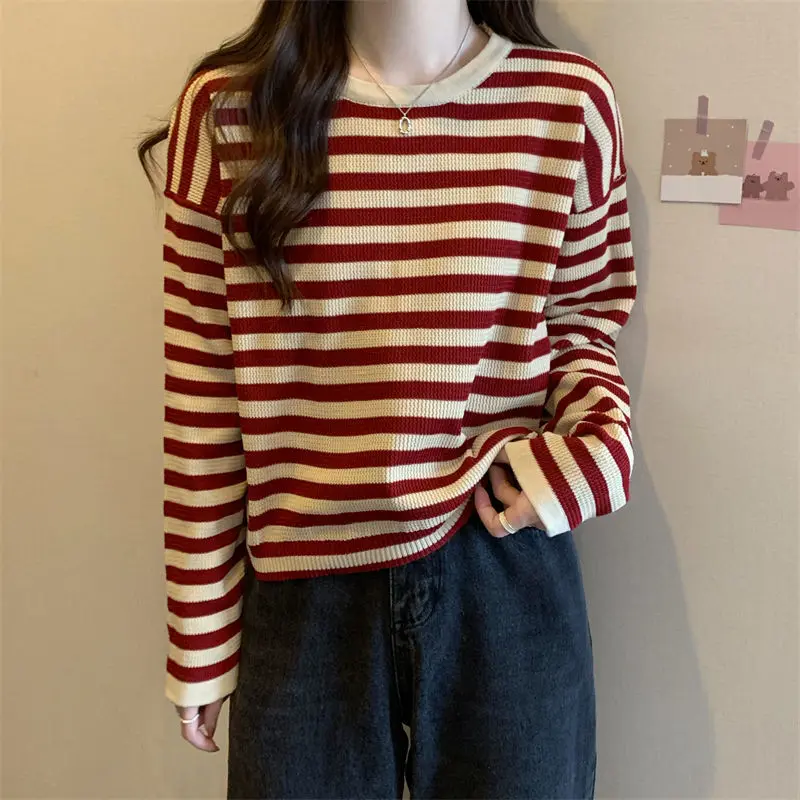 Sweet Striped Contrast T Shirts Spring Autumn New Long Sleeve Loose Youth All-match Korean Tops Fashion Casual Women Clothing