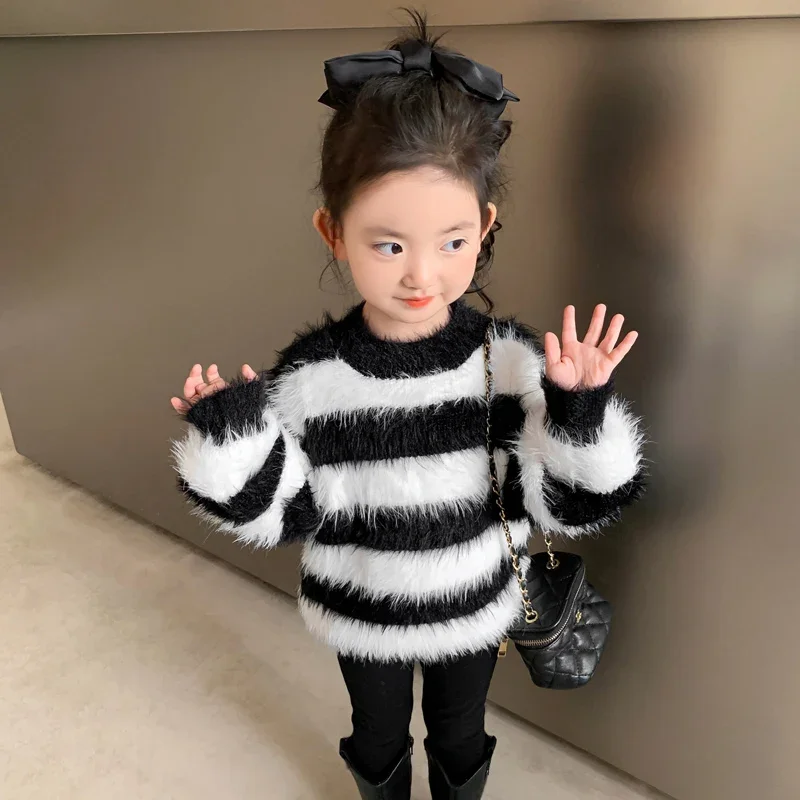 Spring Autumn Girls Sweater Baby Knitwear Kids Pullover Tops Toddler Sweater Children Clothes Faux Long Hair Striped 2-7Y