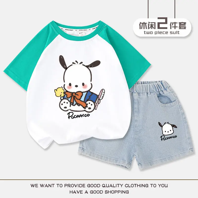 Sanrios Kids Short-Sleeved Shorts Two-Piece Set Pochacco Boy Girl Cotton T-Shirt Denim Shorts Summer Casual Children's Clothes