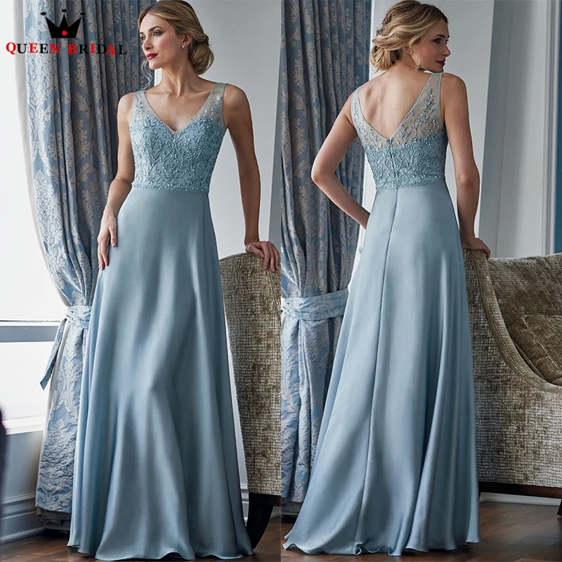 Exquisitos vestidos de color azul polvoriento para madre de la novia, sin mangas con cuello en V y cuentas, para boda, madre de la novia, 2023 personalizado DT59