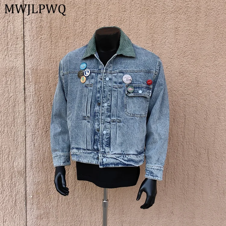 

MWJLPWQ модный дизайн, короткая джинсовая куртка для мужчин, уличная одежда с полосатым воротником и лацканами, осень 2024, топы в уличном стиле, новинка 11161