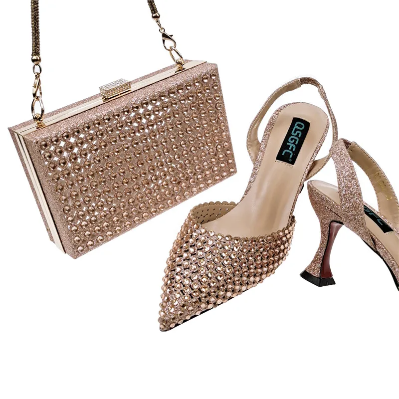 Peach Women Stones Shoes And Bag Set African Ladies Pumps Match With Handbag High Heels Sandals Clutch Escarpins Femme QSL052